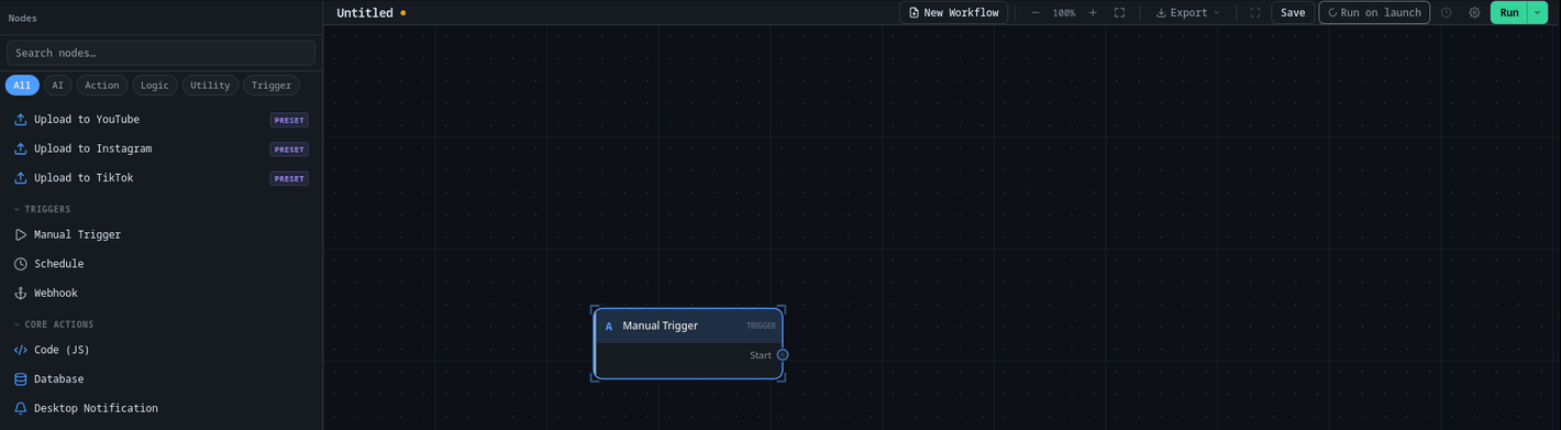 Manual Trigger placed on the canvas, node sidebar open