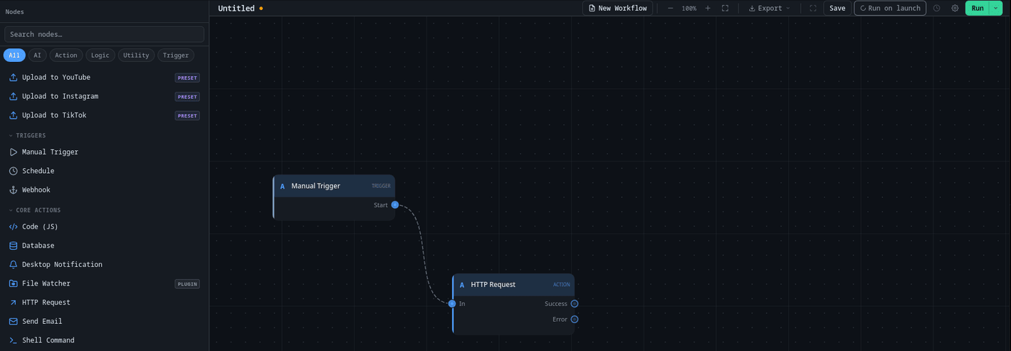 Manual Trigger connected to HTTP Request, not yet configured