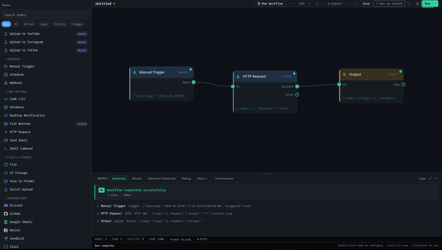 All three nodes after a successful run, with the Output drawer's Summary tab open