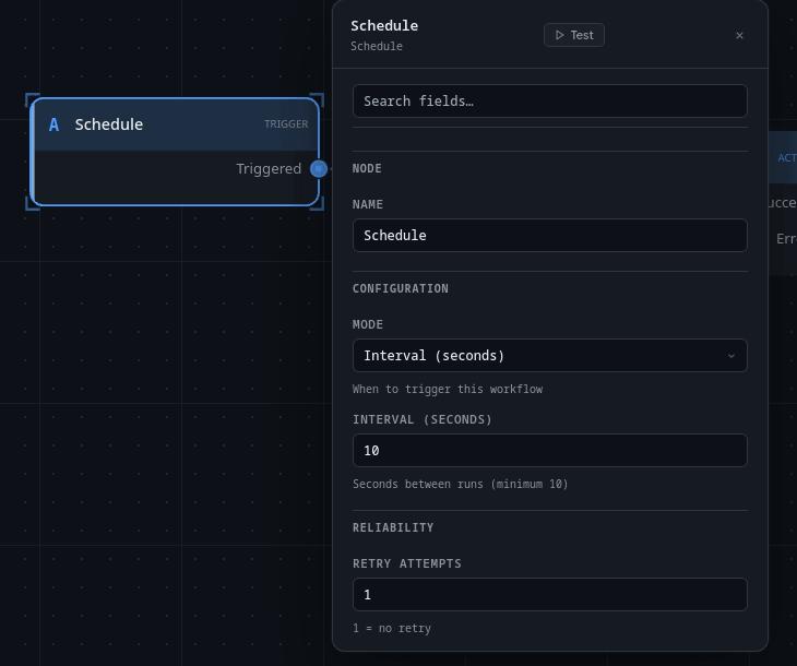 Schedule's settings panel with Mode set to interval and Interval set to 10 seconds