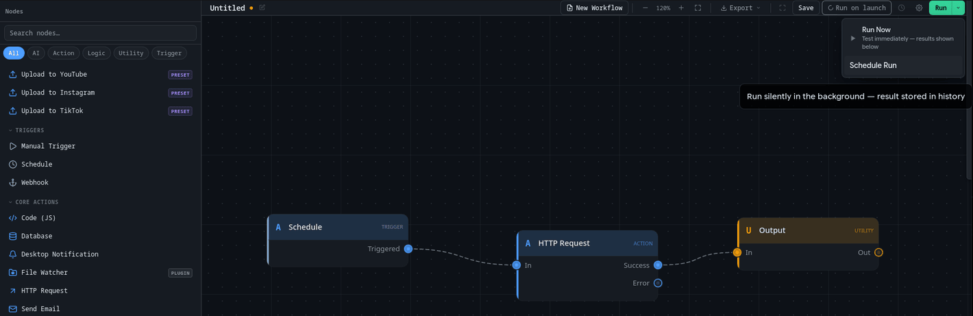 The Run button's dropdown, showing Run Now and Schedule Run