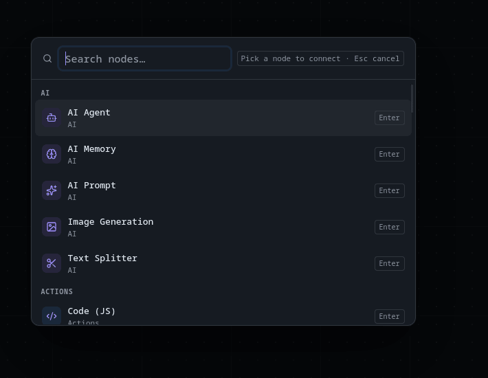 The node search popover that appears when a dragged connection is dropped on empty canvas