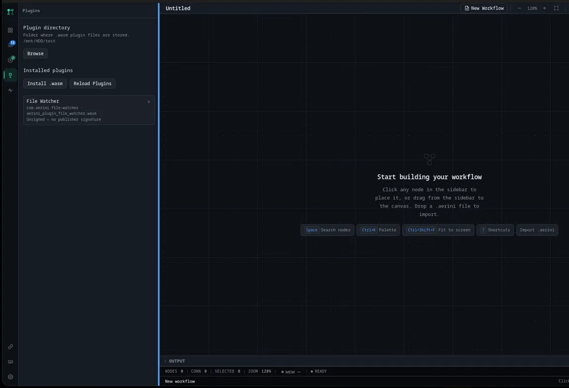 The Plugins panel showing an installed plugin and the empty-state canvas