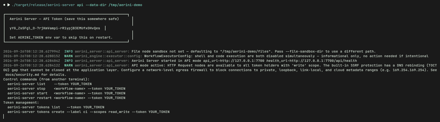 aerini-server api startup banner, showing the auto-generated token and startup log lines