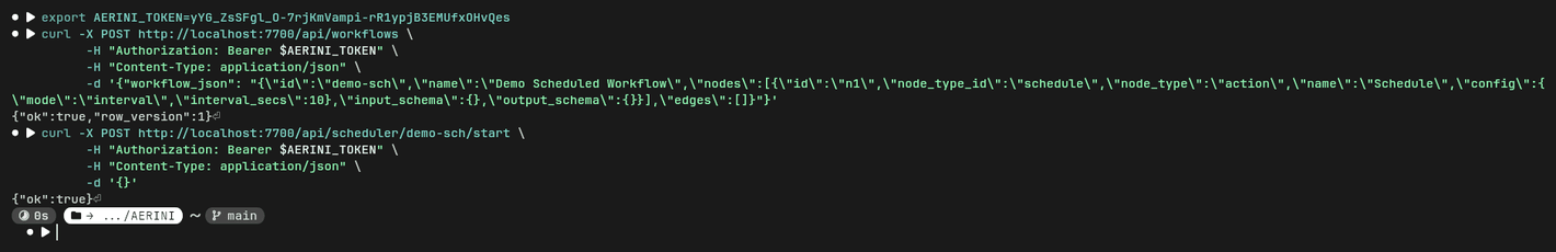 Creating and starting a workflow entirely via POST /api/workflows and POST /api/scheduler/:id/start