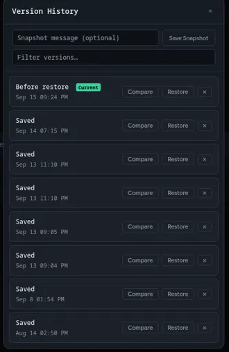 Version History showing a list of snapshots with compare and restore options